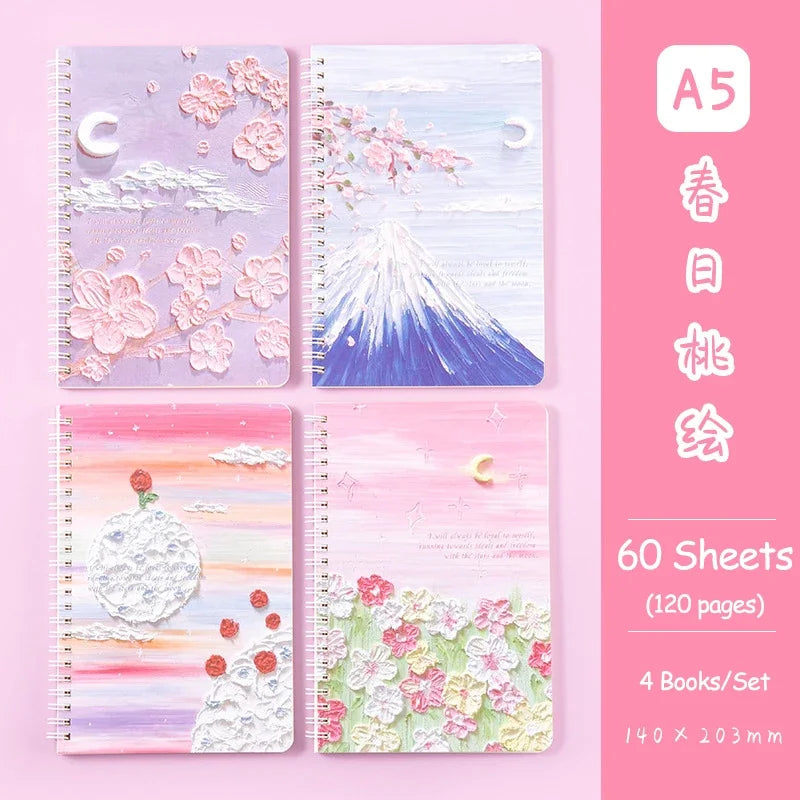 4 Books/Set A5 Cartoon Line Coil Notebook Hard Cover Kawaii Korean Stationery School Supplies for Students
