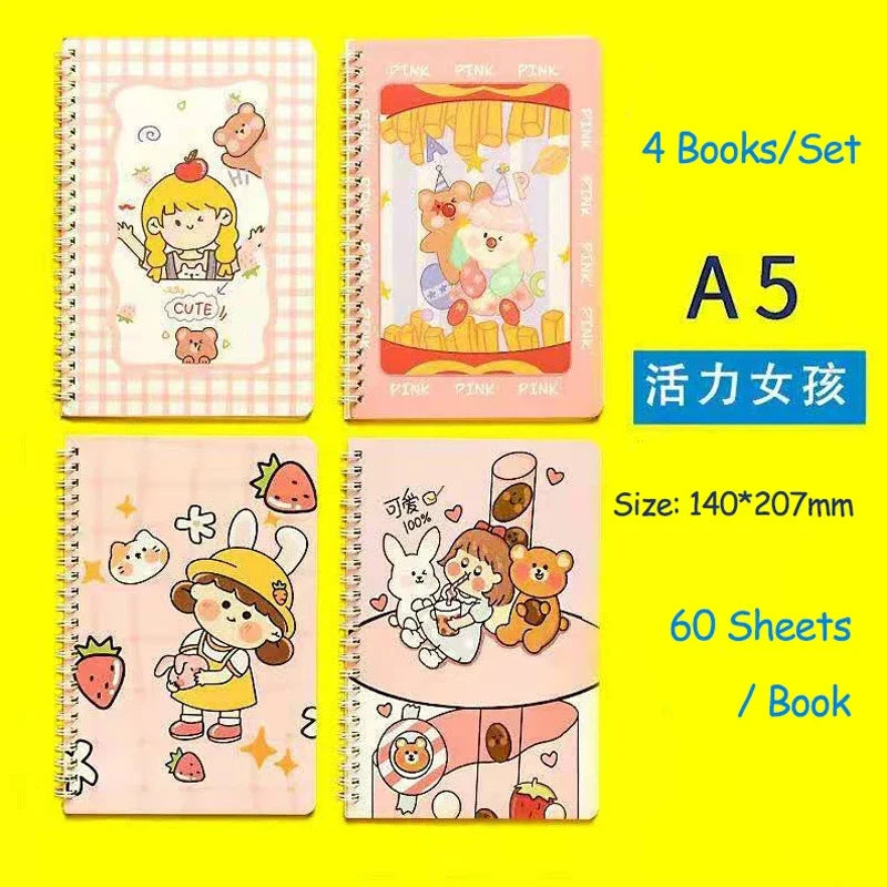 4 Books/Set A5 Cartoon Line Coil Notebook Hard Cover Kawaii Korean Stationery School Supplies for Students
