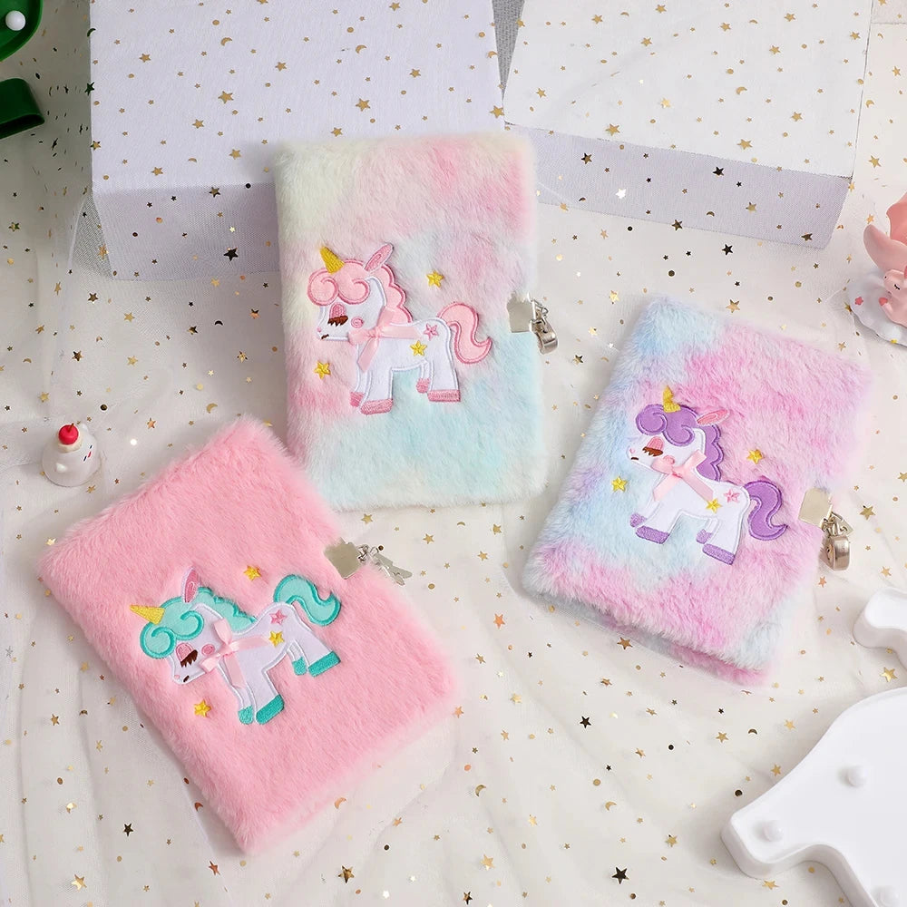 Children's Plush Unicorn Cartoon Notebook Lockable Diary Book Hand Ledger Notepad Students Gift Stationery Supplies