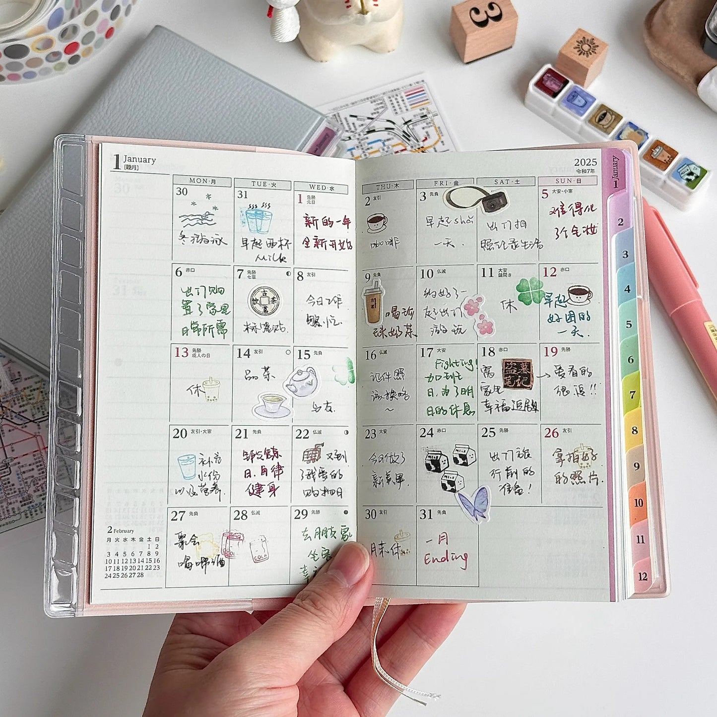 2025 Colorful Index Leather Schedule Notebook Monthly Weekly Plan Notes Diary Notebook 2025 Planner Memo Portable Memo Pad