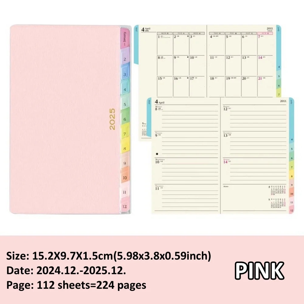 2025 Colorful Index Leather Schedule Notebook Monthly Weekly Plan Notes Diary Notebook 2025 Planner Memo Portable Memo Pad