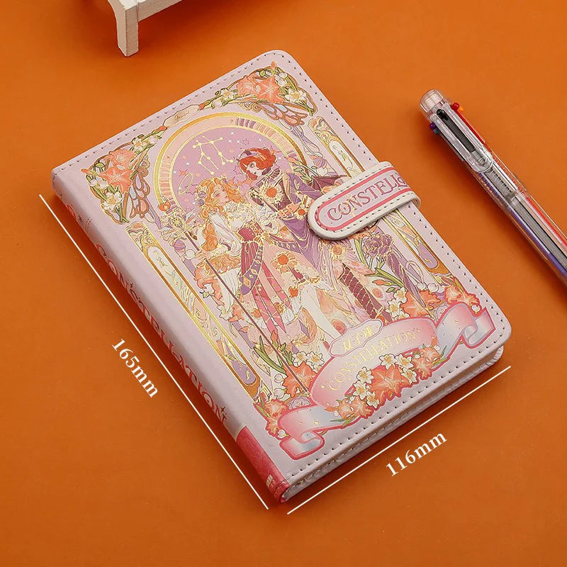 (12 Constellations Series)Pretty Notebook Color Page Illustration Soft Leather Magnetic Buckle Student Diary Hardcover Notepad