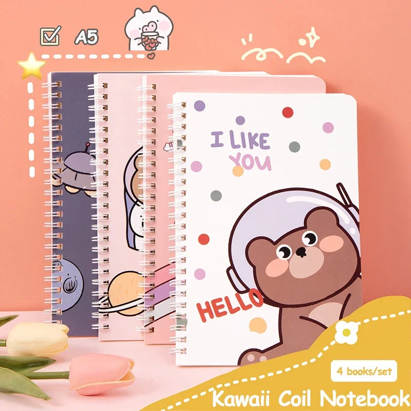 4 Books/Set A5 Cartoon Line Coil Notebook Hard Cover Kawaii Korean Stationery School Supplies for Students