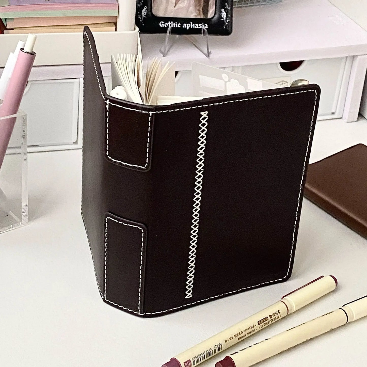 2 binders A7 notebook detachable loose-leaf dark brown notepad portable faux leather schedule planner,whith 80 pages