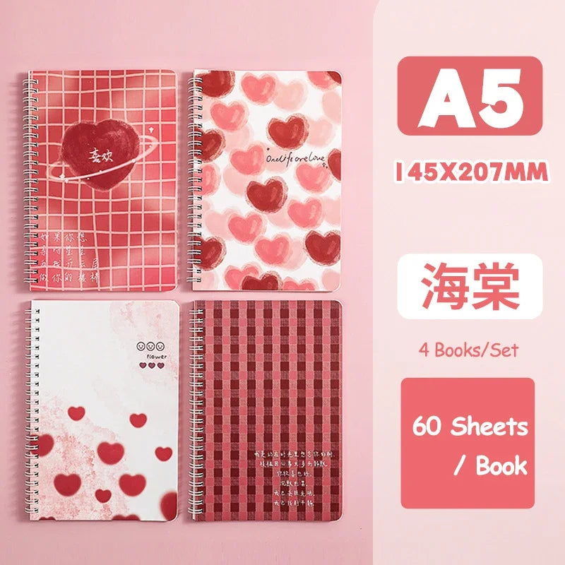4 Books/Set A5 Cartoon Line Coil Notebook Hard Cover Kawaii Korean Stationery School Supplies for Students