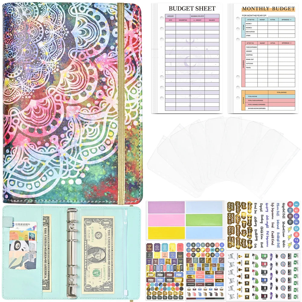 A6 Mandala Pattern Binder Budget Loose-leaf Notebook Daily Planner Money Cash Budget Financial Planner Hand Book Office Supplies