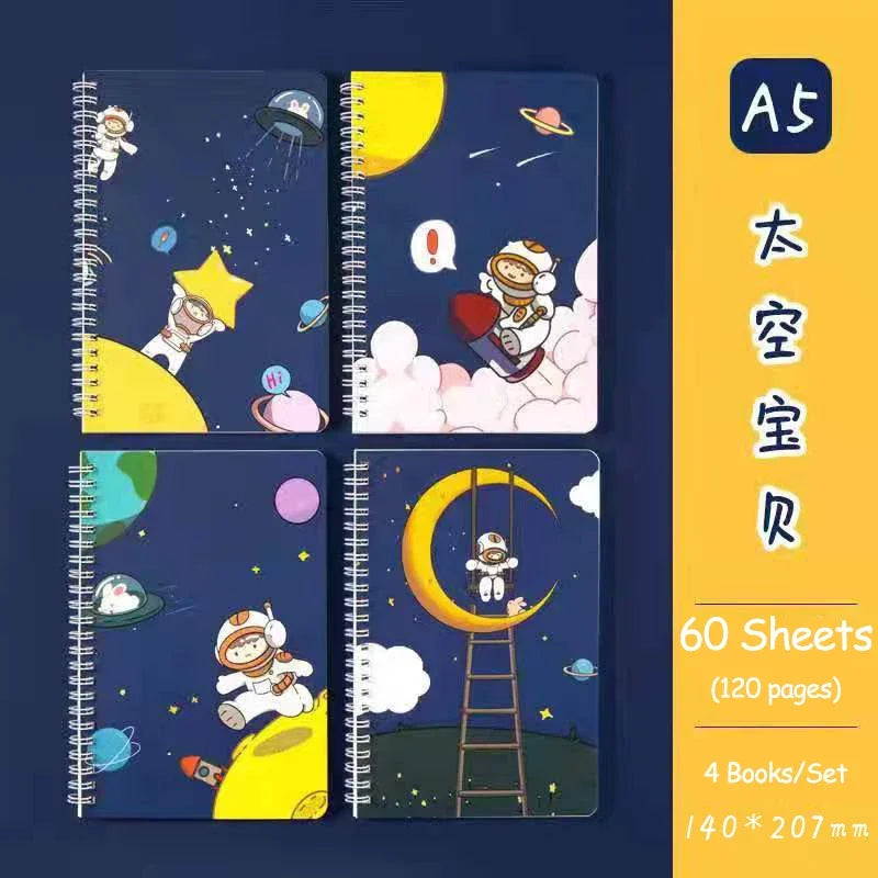 4 Books/Set A5 Cartoon Line Coil Notebook Hard Cover Kawaii Korean Stationery School Supplies for Students