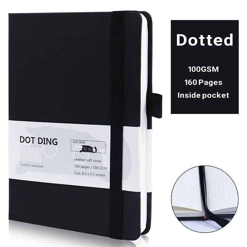 A5 Dotted Inner Notebook PU Leather Skin Hard Cover 100GSM Paper 80 Sheets Notebooks Korean Stationery School Office Supplies