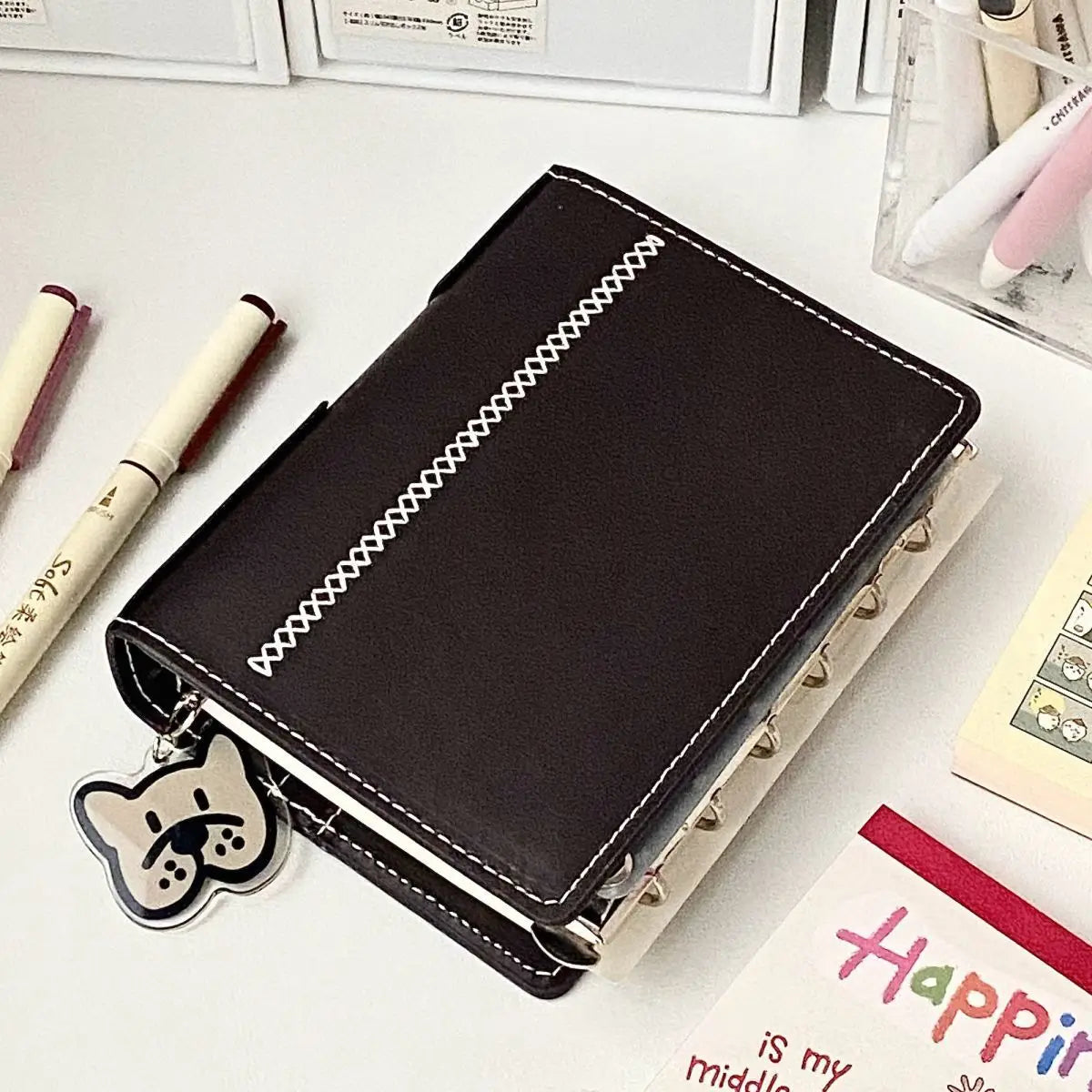 2 binders A7 notebook detachable loose-leaf dark brown notepad portable faux leather schedule planner,whith 80 pages