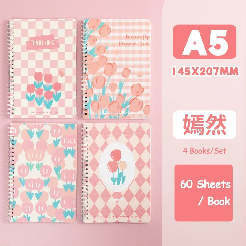 4 Books/Set A5 Cartoon Line Coil Notebook Hard Cover Kawaii Korean Stationery School Supplies for Students