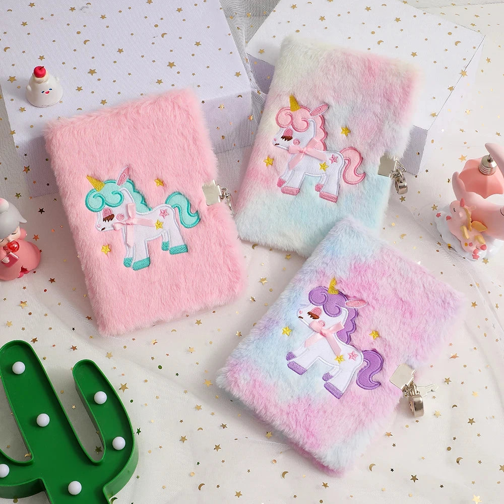 Children's Plush Unicorn Cartoon Notebook Lockable Diary Book Hand Ledger Notepad Students Gift Stationery Supplies