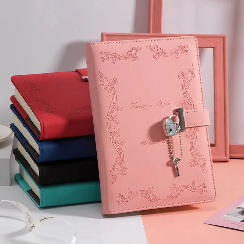 A5 Password Book With Heart-shaped Lock Girls PU Diary Notepad Creative Hand Ledger Sketchbook Travel Notebook Stationery