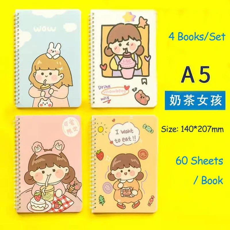 4 Books/Set A5 Cartoon Line Coil Notebook Hard Cover Kawaii Korean Stationery School Supplies for Students