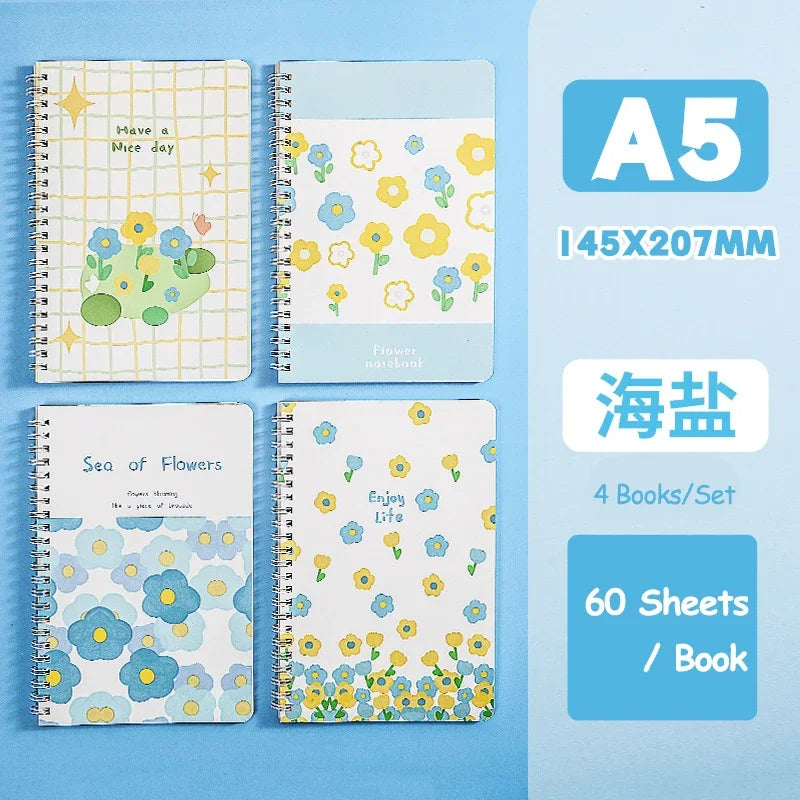 4 Books/Set A5 Cartoon Line Coil Notebook Hard Cover Kawaii Korean Stationery School Supplies for Students