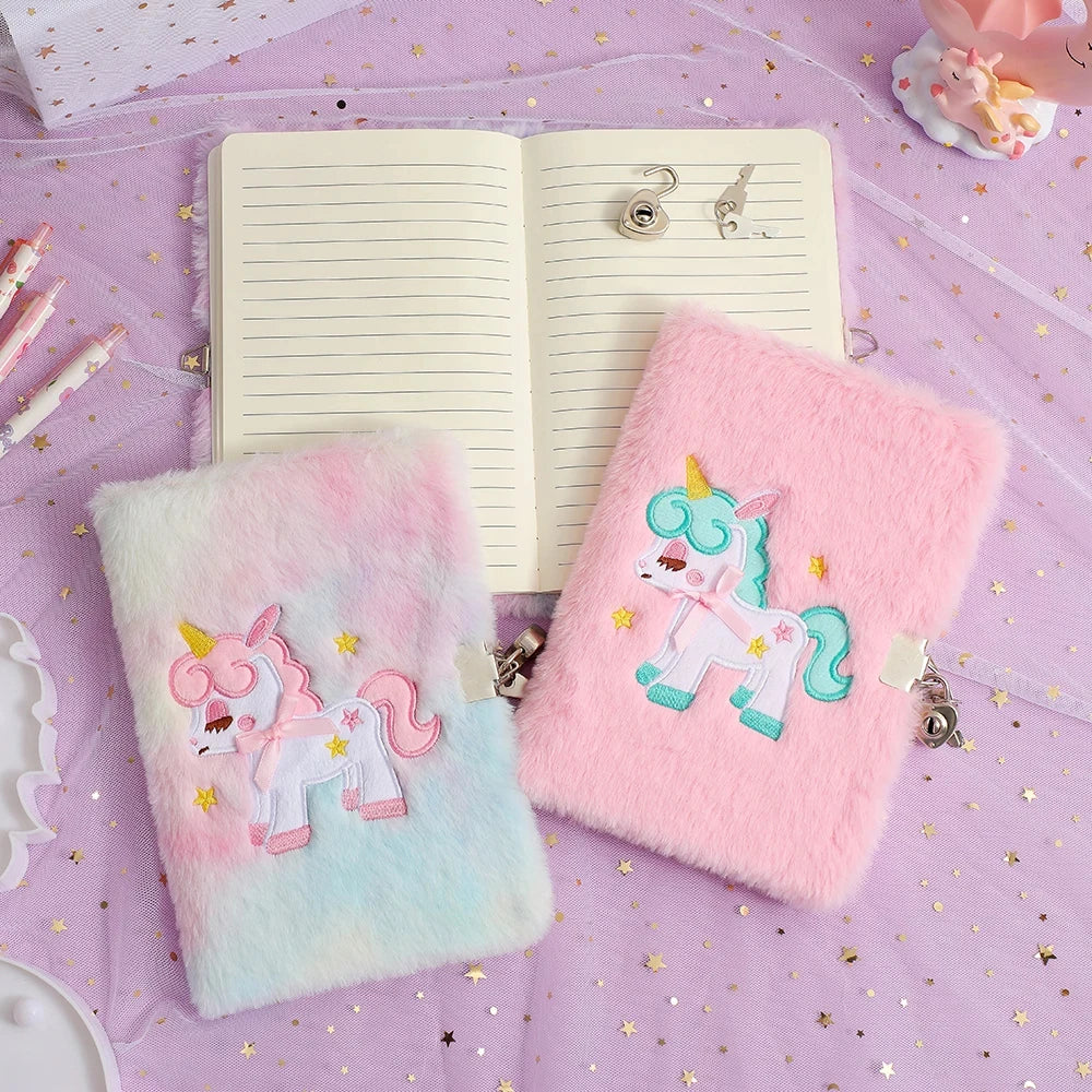 Children's Plush Unicorn Cartoon Notebook Lockable Diary Book Hand Ledger Notepad Students Gift Stationery Supplies