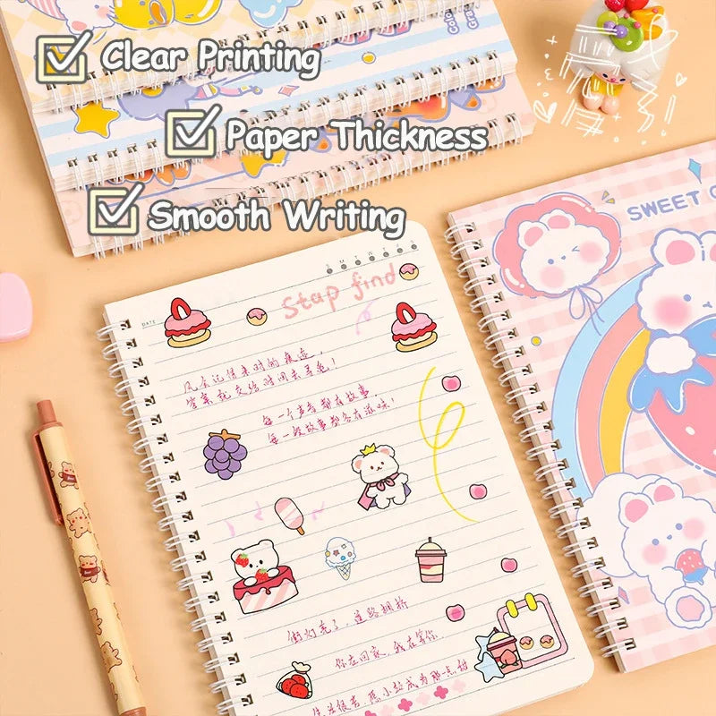 4 Books/Set A5 Cartoon Line Coil Notebook Hard Cover Kawaii Korean Stationery School Supplies for Students