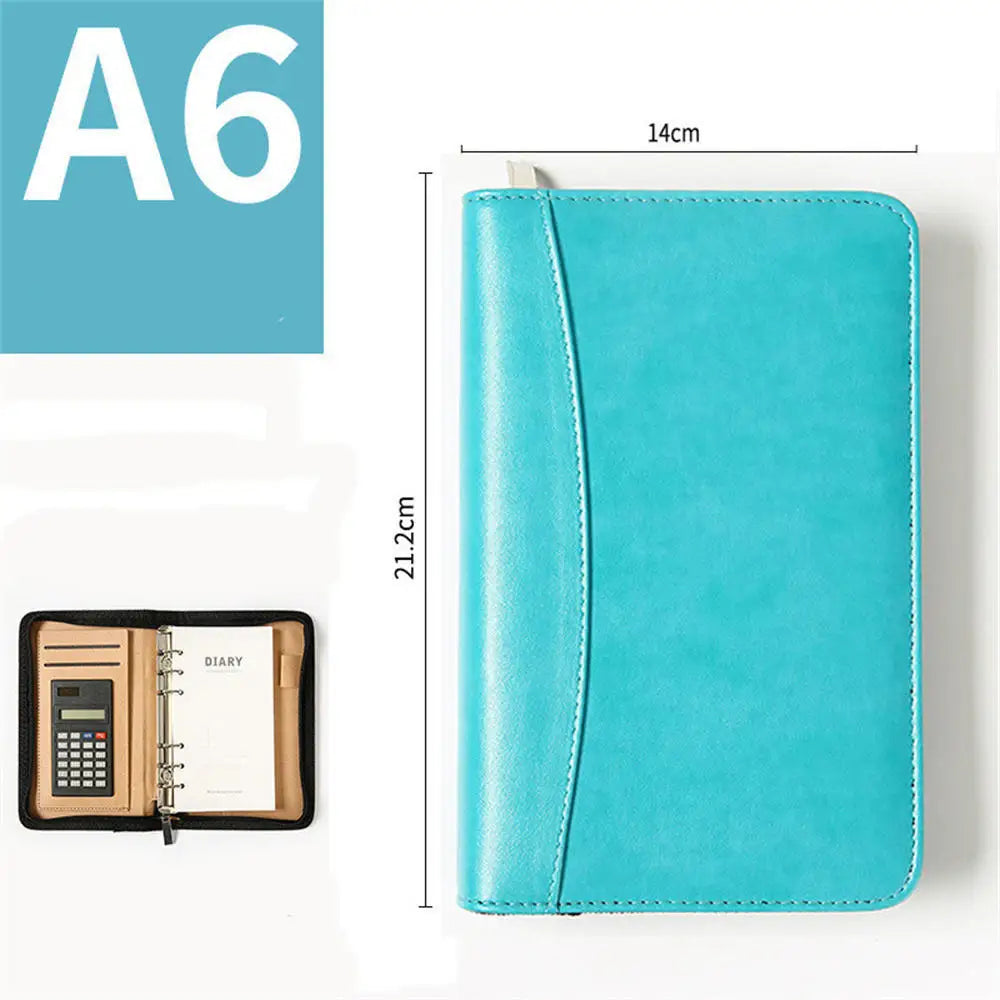 A6 PU Leather Business Notebook With Zipper Loose Leaf Folder Diary Binder Notebook With Calculator Journal Book Notepad