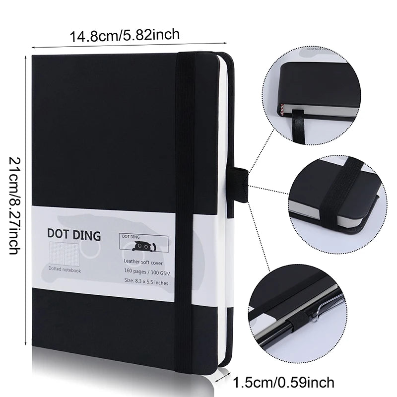 A5 Dotted Inner Notebook PU Leather Skin Hard Cover 100GSM Paper 80 Sheets Notebooks Korean Stationery School Office Supplies