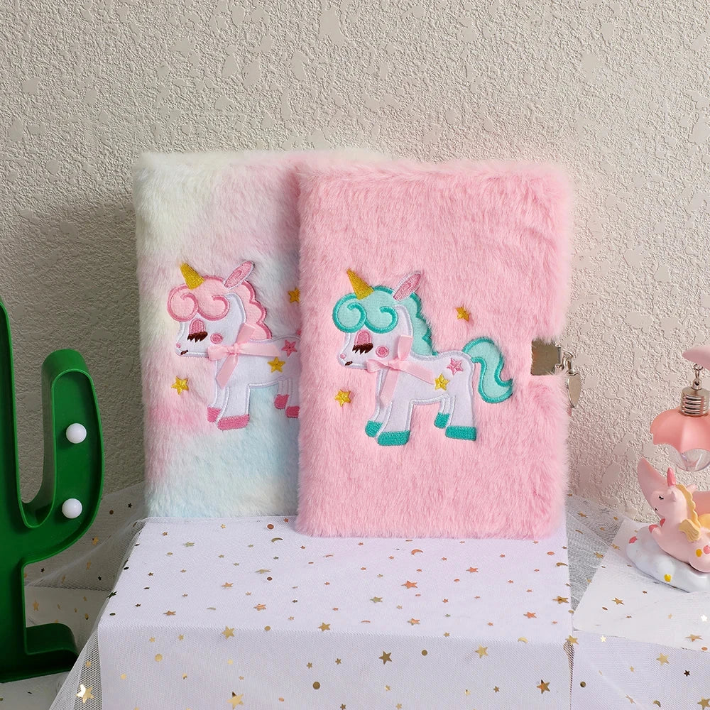 Children's Plush Unicorn Cartoon Notebook Lockable Diary Book Hand Ledger Notepad Students Gift Stationery Supplies