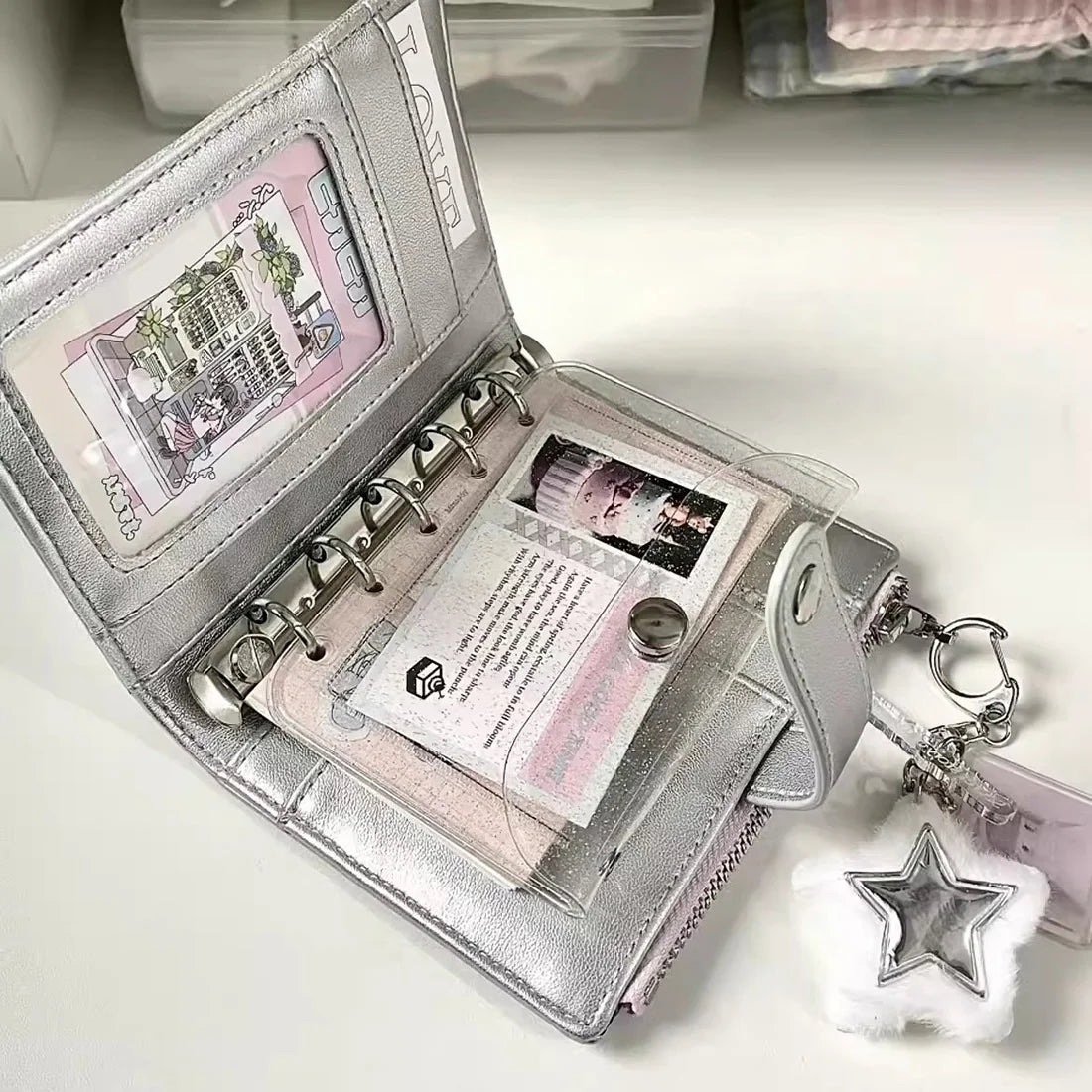 Silver Small Notebook Soft Leather Girls Portable Card Holder Student Binder M5 Notepad Simple Niche Desig