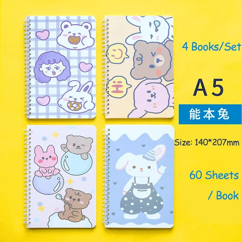 4 Books/Set A5 Cartoon Line Coil Notebook Hard Cover Kawaii Korean Stationery School Supplies for Students
