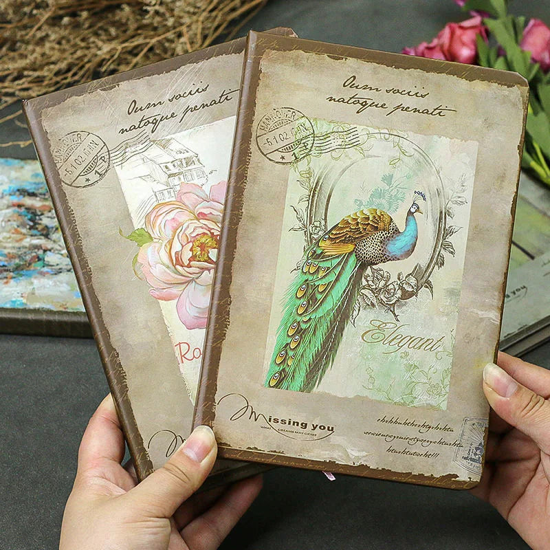 nostalgic retro hardcover notebook color inner page flower illustration diary student notepad