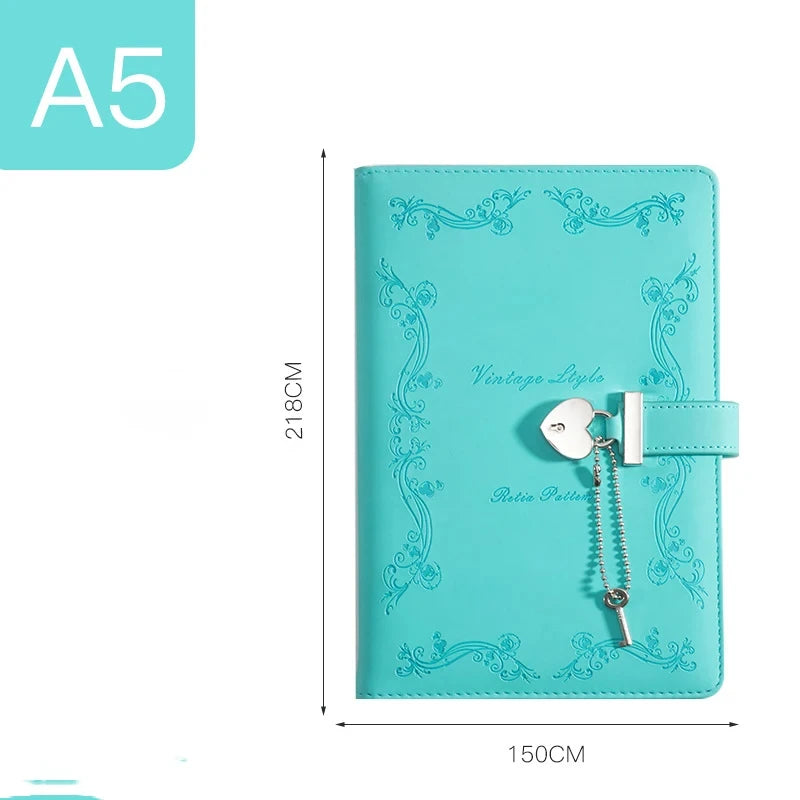 A5 Password Book With Heart-shaped Lock Girls PU Diary Notepad Creative Hand Ledger Sketchbook Travel Notebook Stationery
