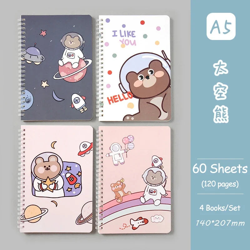 4 Books/Set A5 Cartoon Line Coil Notebook Hard Cover Kawaii Korean Stationery School Supplies for Students