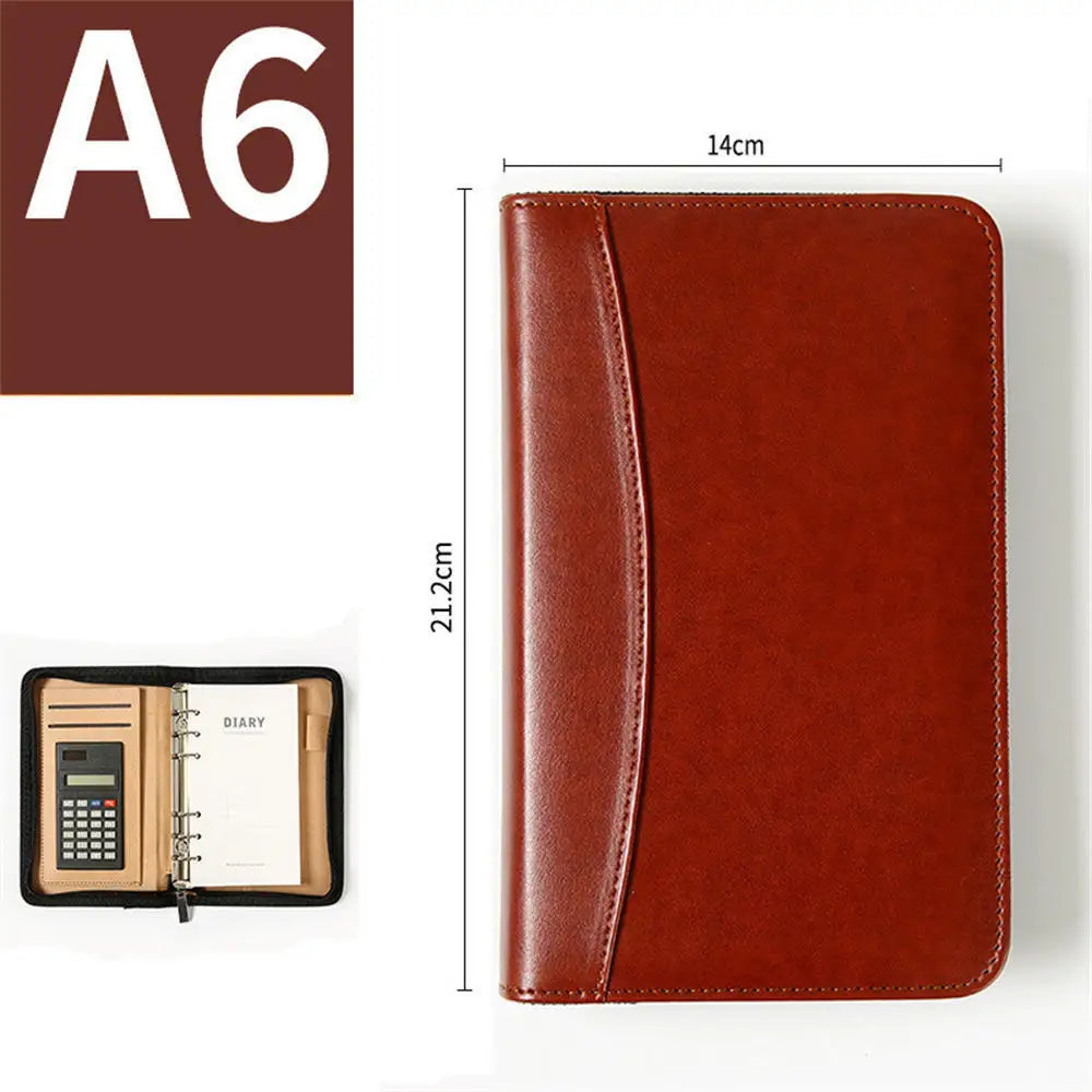 A6 PU Leather Business Notebook With Zipper Loose Leaf Folder Diary Binder Notebook With Calculator Journal Book Notepad