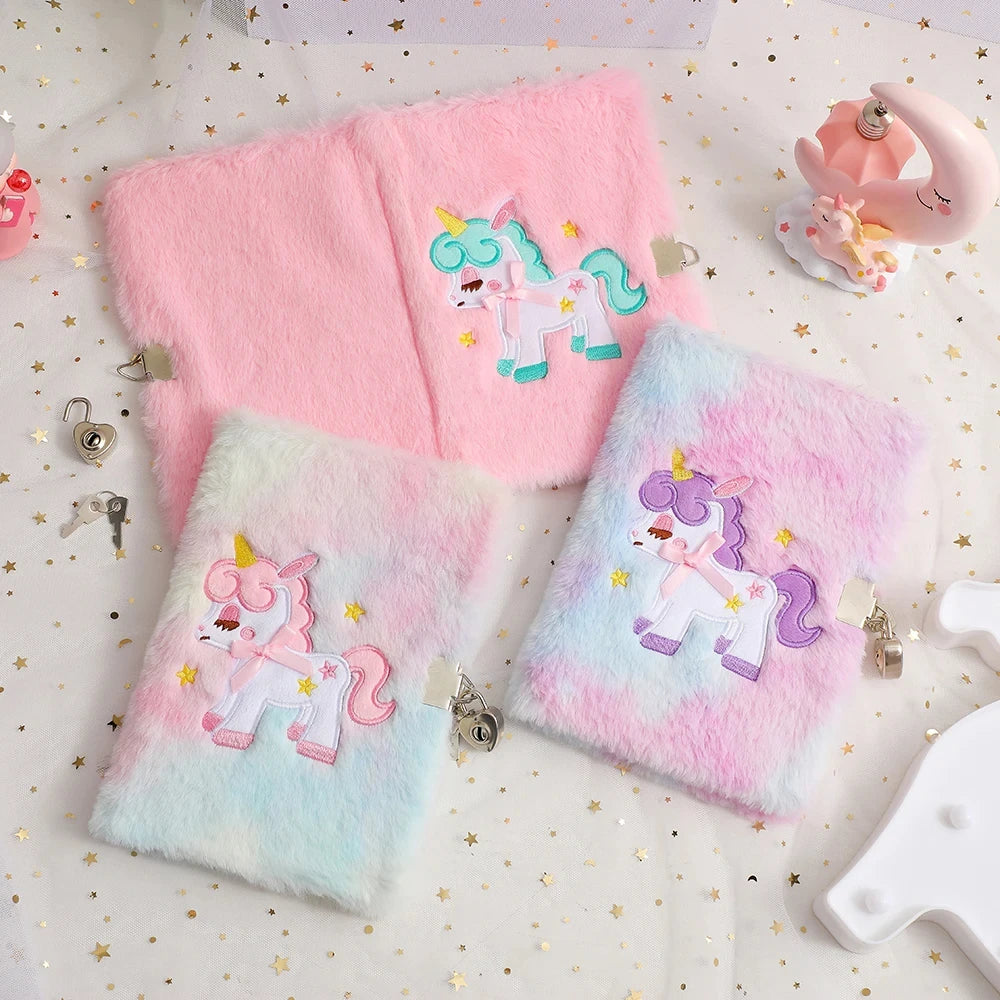 Children's Plush Unicorn Cartoon Notebook Lockable Diary Book Hand Ledger Notepad Students Gift Stationery Supplies