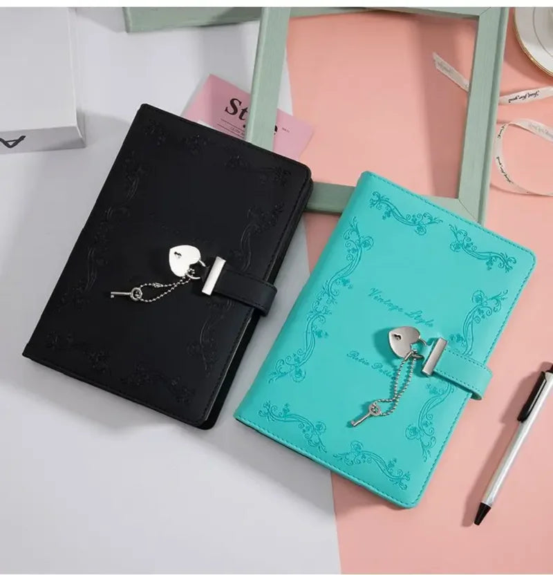 A5 Password Book With Heart-shaped Lock Girls PU Diary Notepad Creative Hand Ledger Sketchbook Travel Notebook Stationery