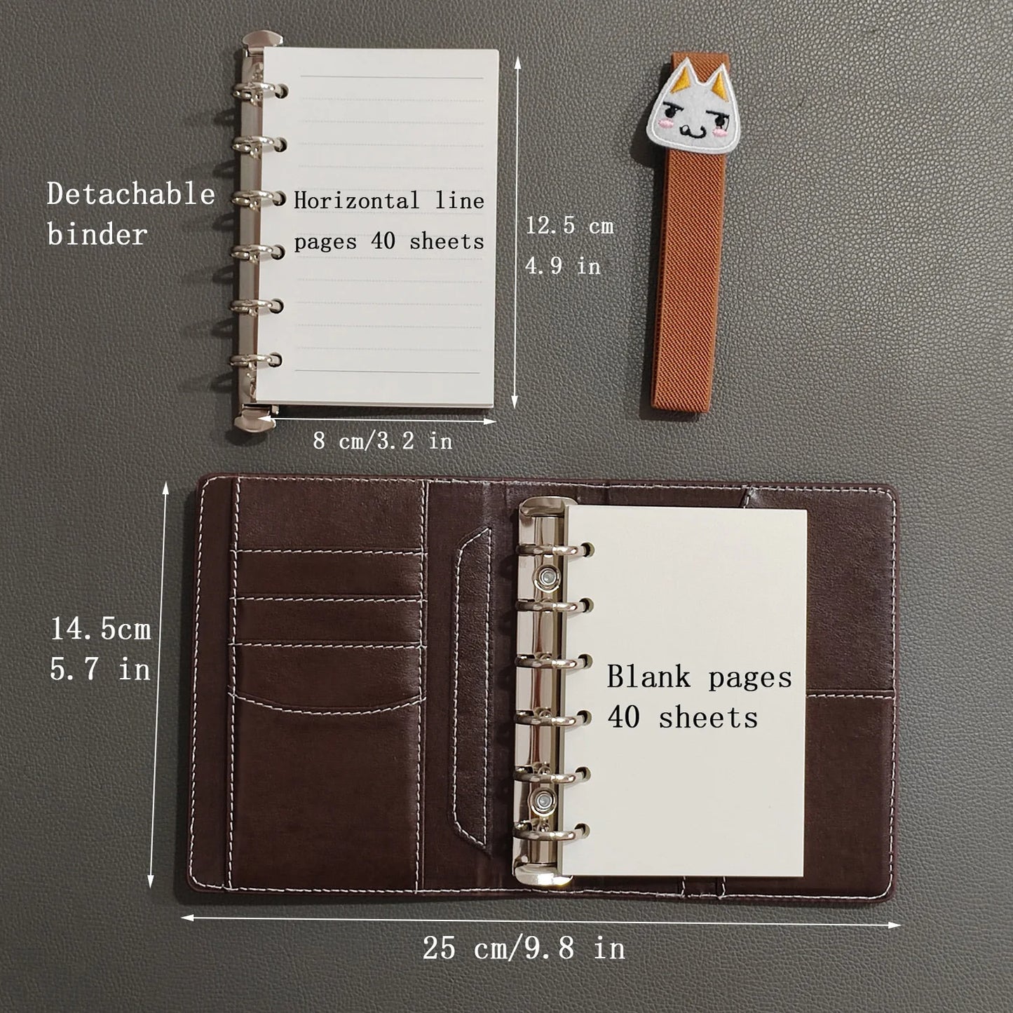 2 binders A7 notebook detachable loose-leaf dark brown notepad portable faux leather schedule planner,whith 80 pages