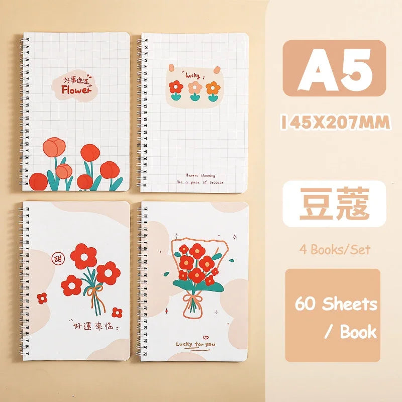4 Books/Set A5 Coil Lined Notebook High Quality Kawaii Korean Stationery Cute School Supplies for Students