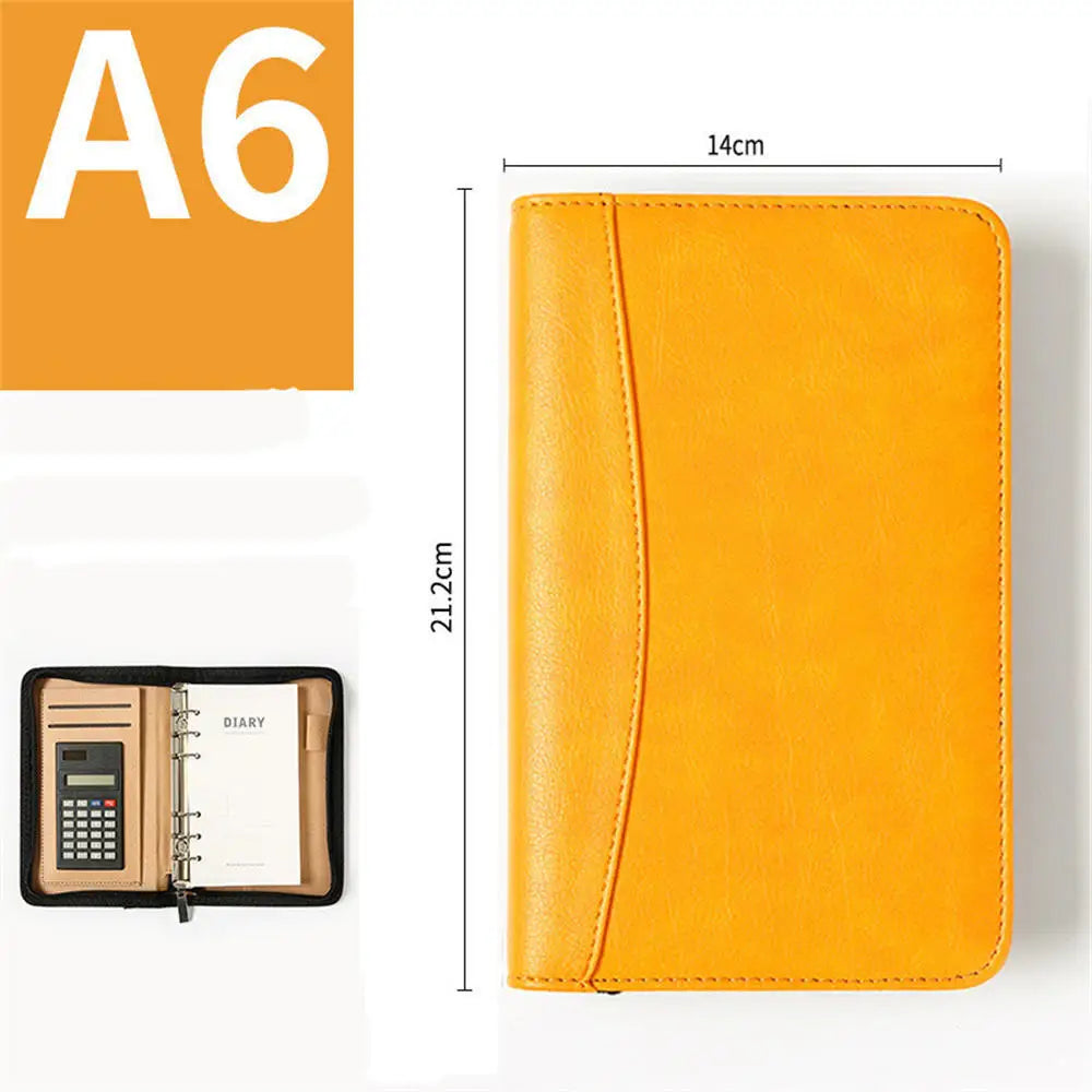 A6 PU Leather Business Notebook With Zipper Loose Leaf Folder Diary Binder Notebook With Calculator Journal Book Notepad