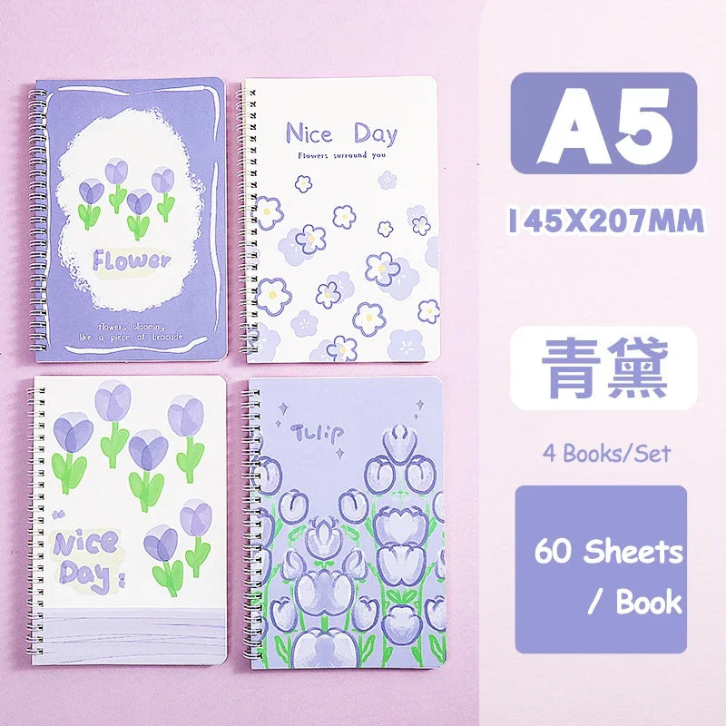 4 Books/Set A5 Cartoon Line Coil Notebook Hard Cover Kawaii Korean Stationery School Supplies for Students