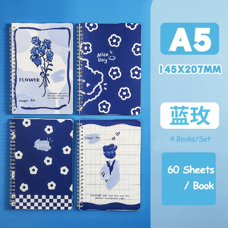 4 Books/Set A5 Cartoon Line Coil Notebook Hard Cover Kawaii Korean Stationery School Supplies for Students