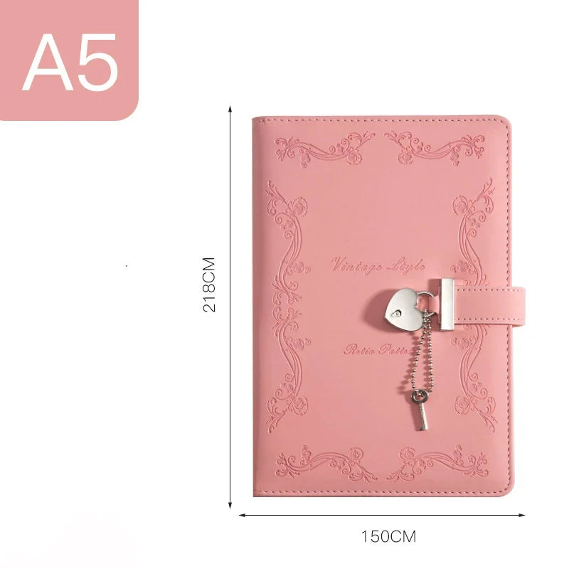 A5 Password Book With Heart-shaped Lock Girls PU Diary Notepad Creative Hand Ledger Sketchbook Travel Notebook Stationery