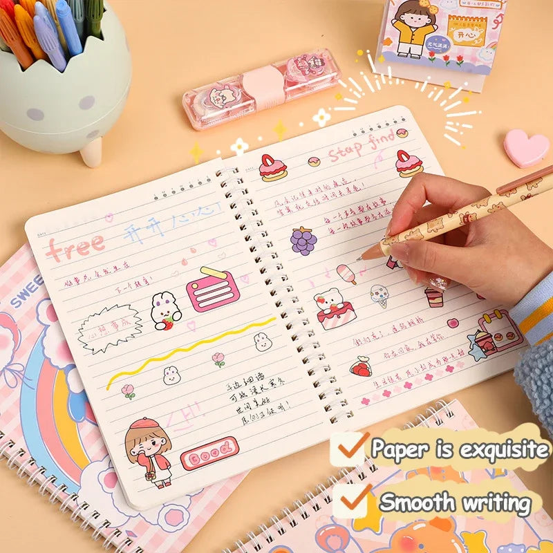 4 Books/Set A5 Cartoon Line Coil Notebook Hard Cover Kawaii Korean Stationery School Supplies for Students