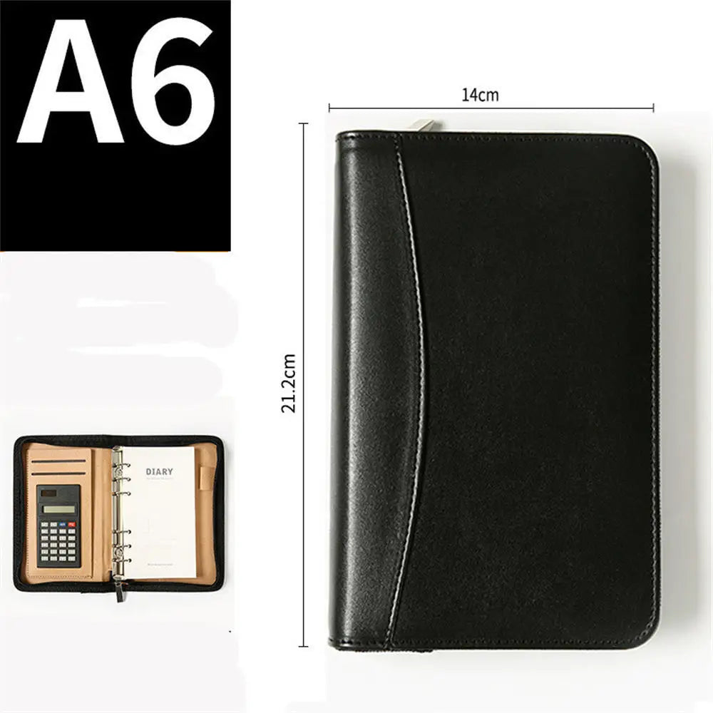A6 PU Leather Business Notebook With Zipper Loose Leaf Folder Diary Binder Notebook With Calculator Journal Book Notepad