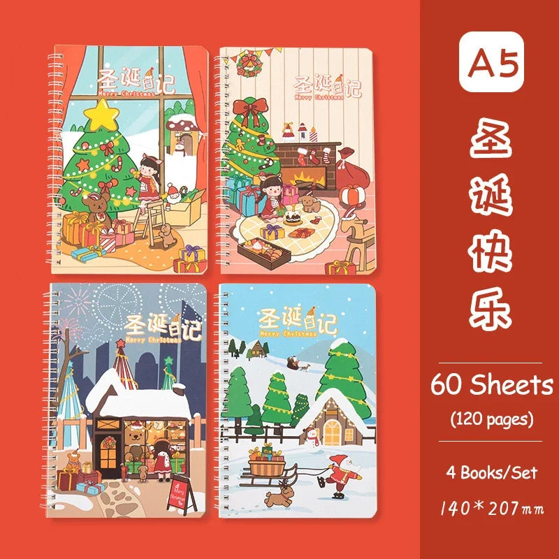 4 Books/Set A5 Cartoon Line Coil Notebook Hard Cover Kawaii Korean Stationery School Supplies for Students