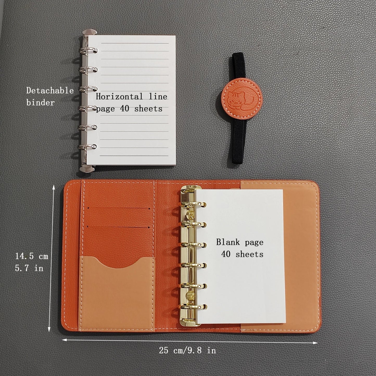 Cute cat A7 notebook retro brown detachable loose-leaf notepad 2 binders portable leather schedule planner,whith 80 pages