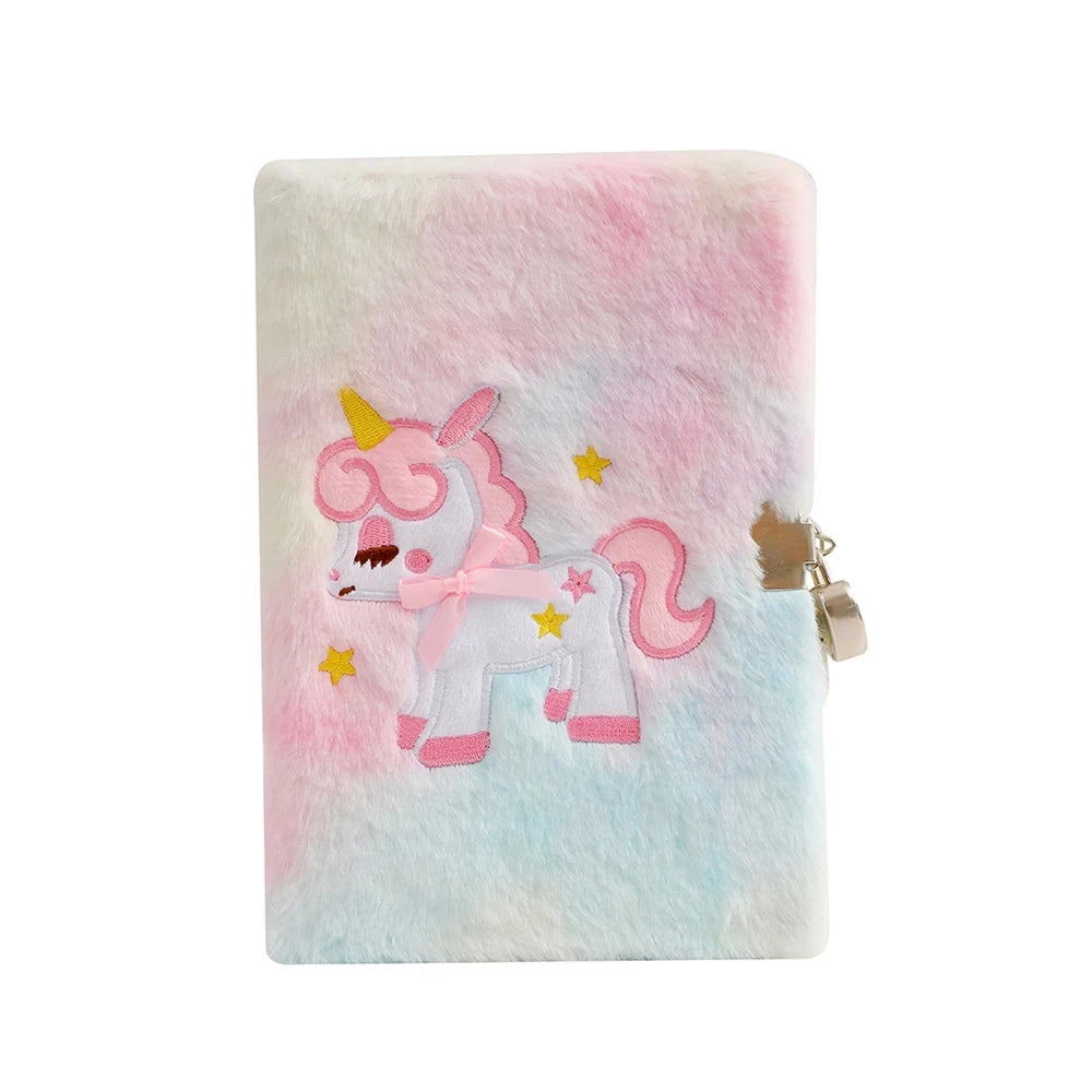 Children's Plush Unicorn Cartoon Notebook Lockable Diary Book Hand Ledger Notepad Students Gift Stationery Supplies