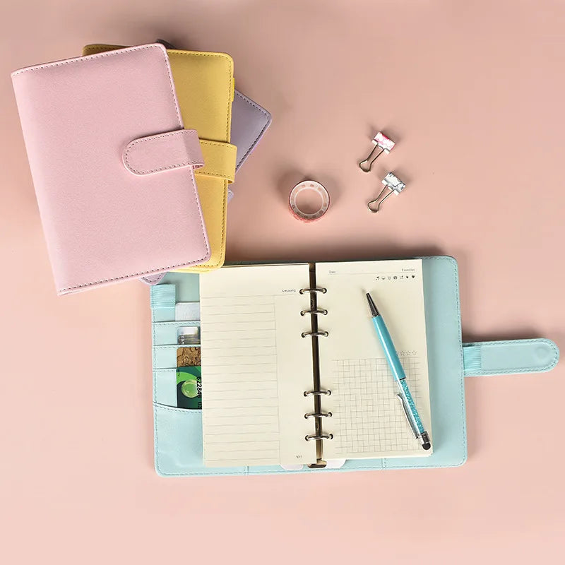 Macaron Color A5 A6 6 Ring Binder PU Clip-on Notebook Leather Loose Leaf Notebook Cover Notebooks Journal Kawaii Stationery