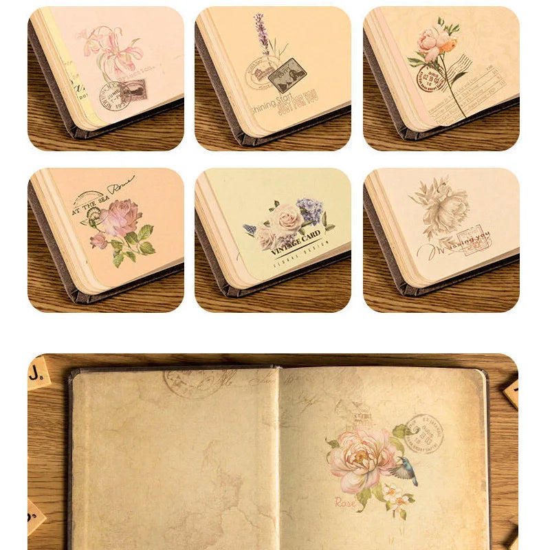 nostalgic retro hardcover notebook color inner page flower illustration diary student notepad