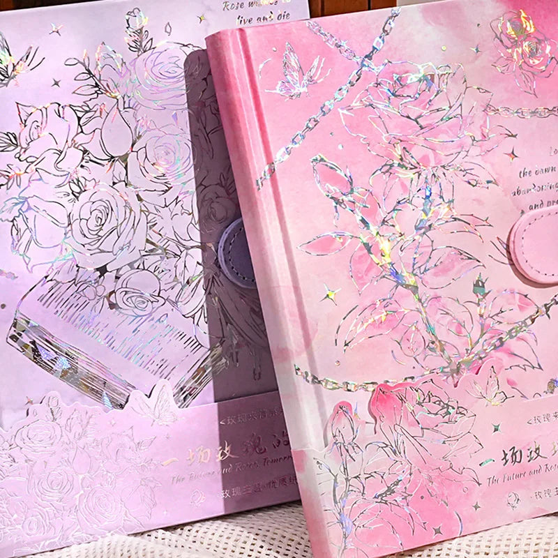 Hardcover notebook rose theme series color inner page rose illustration girl diary student notepad laser printing cover