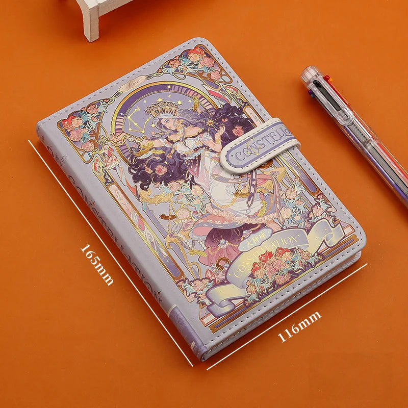 （12 Constellations Series）Pretty  Notebook Color Page Illustration Soft Leather Magnetic Buckle Student Diary Hardcover Notepad