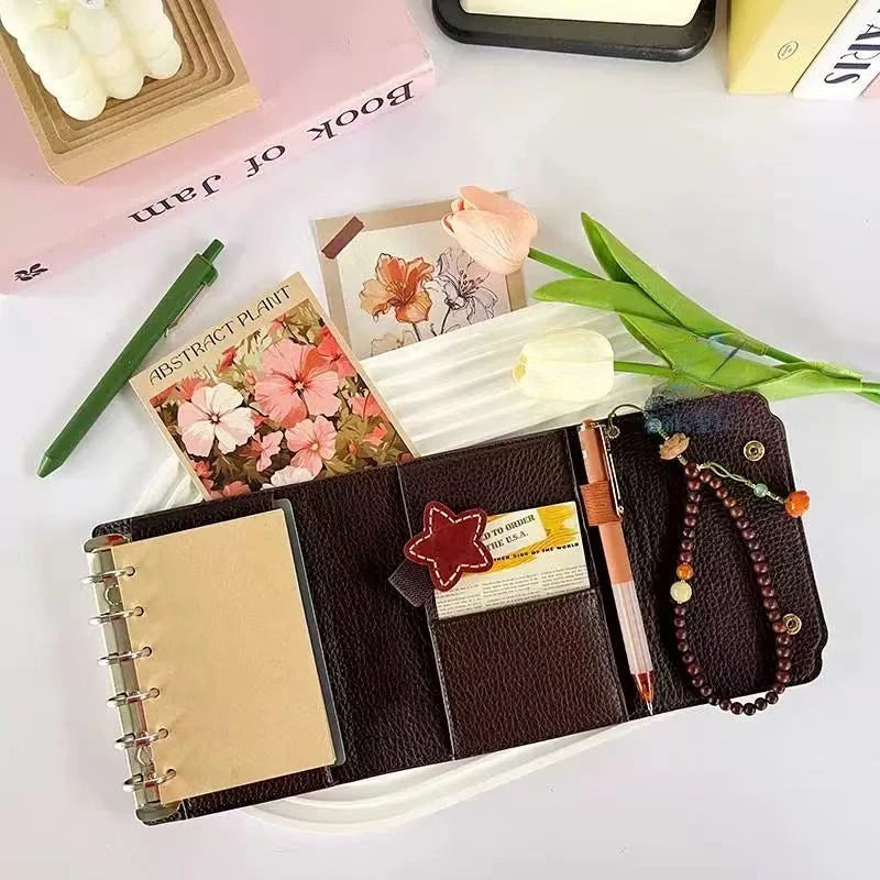 M5/A7Only One Size Retro Soft Leather PU Leather Triple Fold Handheld Ledger With Inner Loose Leaf Notebook Journal Kawaii