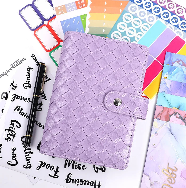 Macaron A6 PU  Braided Grain Leather Loose-Leaf Bookkeeping Notebook wholesale Creative Cash Budget Financial Planner