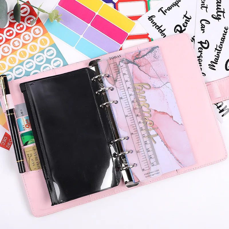 Macaron A6 PU  Braided Grain Leather Loose-Leaf Bookkeeping Notebook wholesale Creative Cash Budget Financial Planner