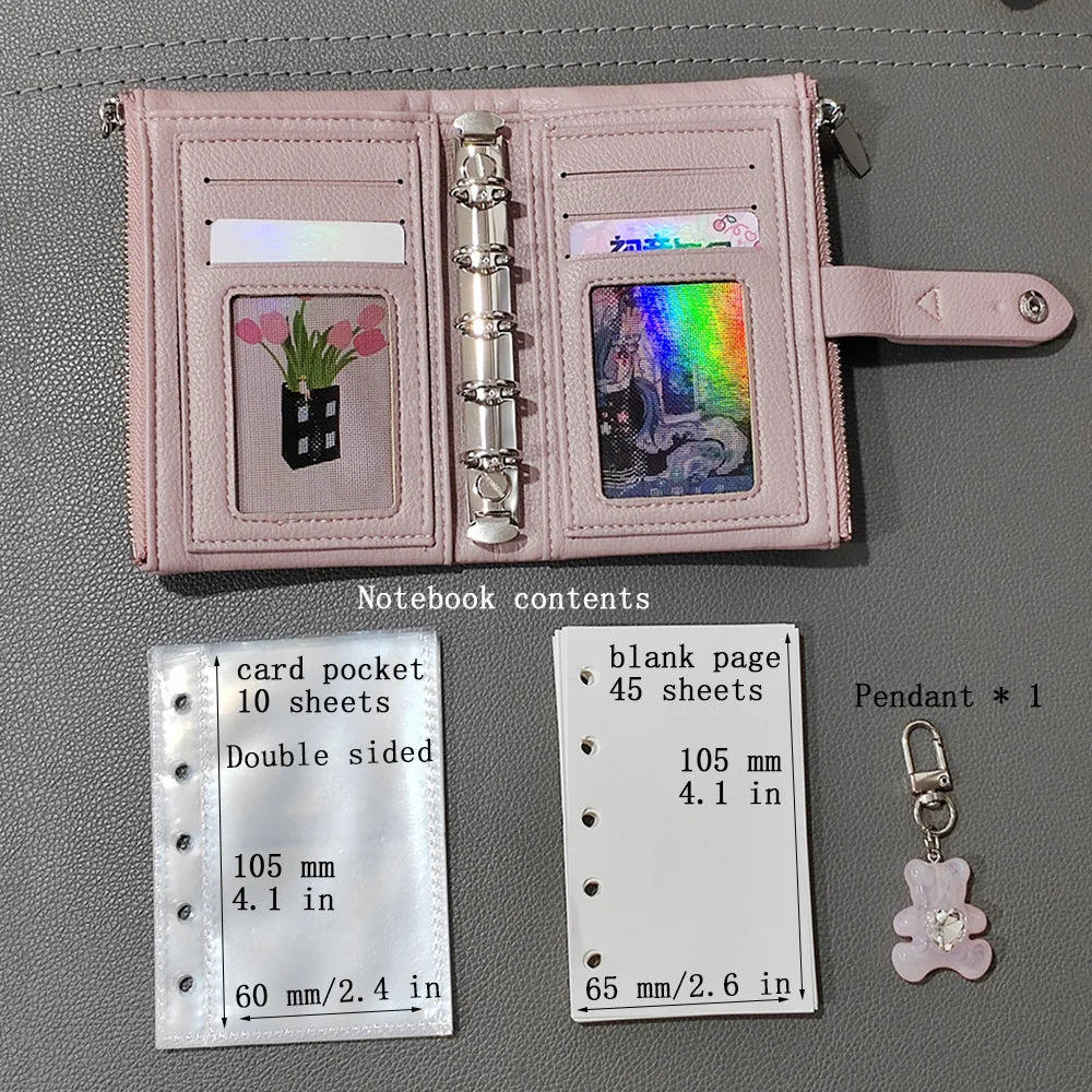 Small Notebook Soft Leather Multifunctional Wallet Student Binder A8&M5 Notepad Girls Portable Card Holder ，With inner pages